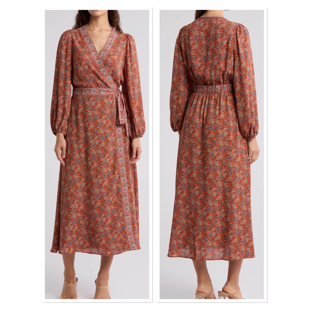 Max‎ Studio Orange Floral Paisley Wrap Midi Dress Cottage Romantic Boho Chic XS